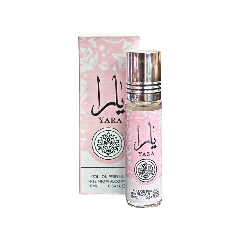 Yara Roll-On Perfume Oil bottle with a pink floral pattern, bottle & box have the name ‘YARA’ in English & Arabic.