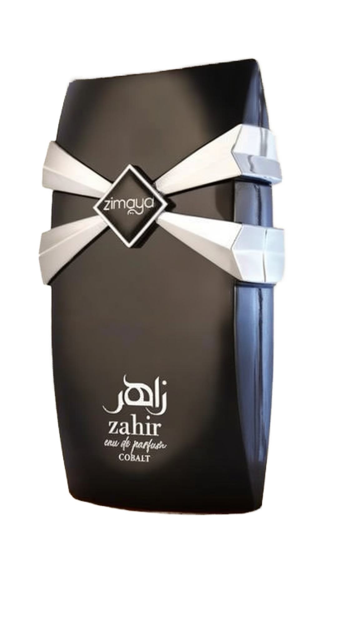 Zahir Cobalt Eau de Parfum by Zimaya. The image features a sleek, black perfume bottle with a distinctive silver X-shaped design near the top. The brand name 'Zimaya' is displayed on a diamond-shaped emblem in the center of the silver design. Below, the t