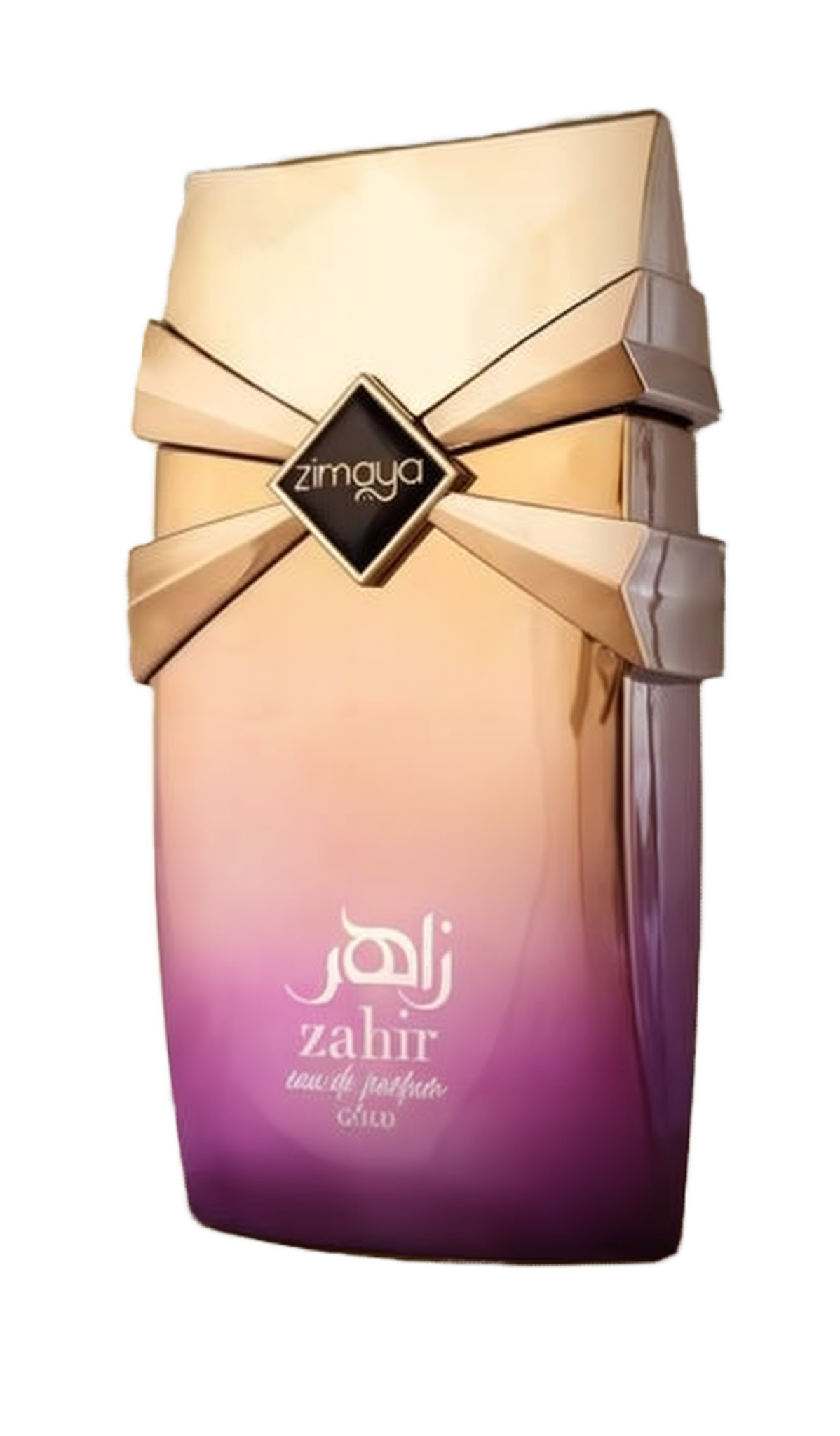 Zahir Gold Eau De Parfum by Zimaya. The image showcases a luxurious perfume bottle with a gradient design, transitioning from gold at the top to a rich purple at the bottom. The bottle features a distinctive gold X-shaped design near the top, with the bra