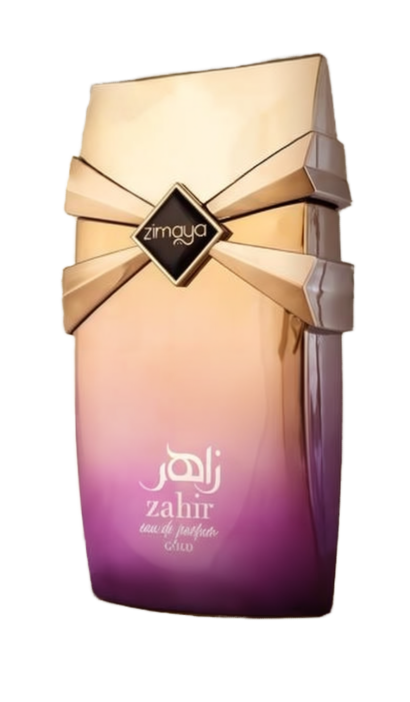 Zahir Gold Eau De Parfum by Zimaya. The image showcases a luxurious perfume bottle with a gradient design, transitioning from gold at the top to a rich purple at the bottom. The bottle features a distinctive gold X-shaped design near the top, with the bra
