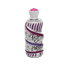 A decorative perfume bottle with a silver and purple design. The bottle features intricate silver filigree patterns and purple enamel stripes. The top of the bottle is adorned with a silver crown-like cap and a pink crystal embellishment.