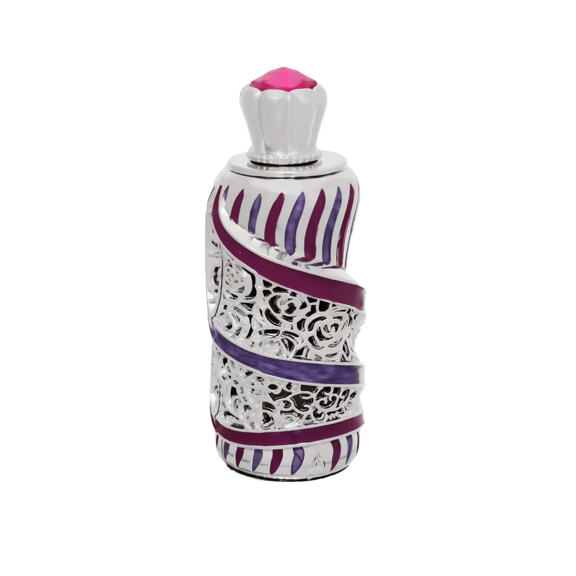 A decorative perfume bottle with a silver and purple design. The bottle features intricate silver filigree patterns and purple enamel stripes. The top of the bottle is adorned with a silver crown-like cap and a pink crystal embellishment.