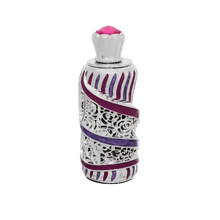 A decorative perfume bottle with a silver and purple design. The bottle features intricate silver filigree patterns and purple enamel stripes. The top of the bottle is adorned with a silver crown-like cap and a pink crystal embellishment.