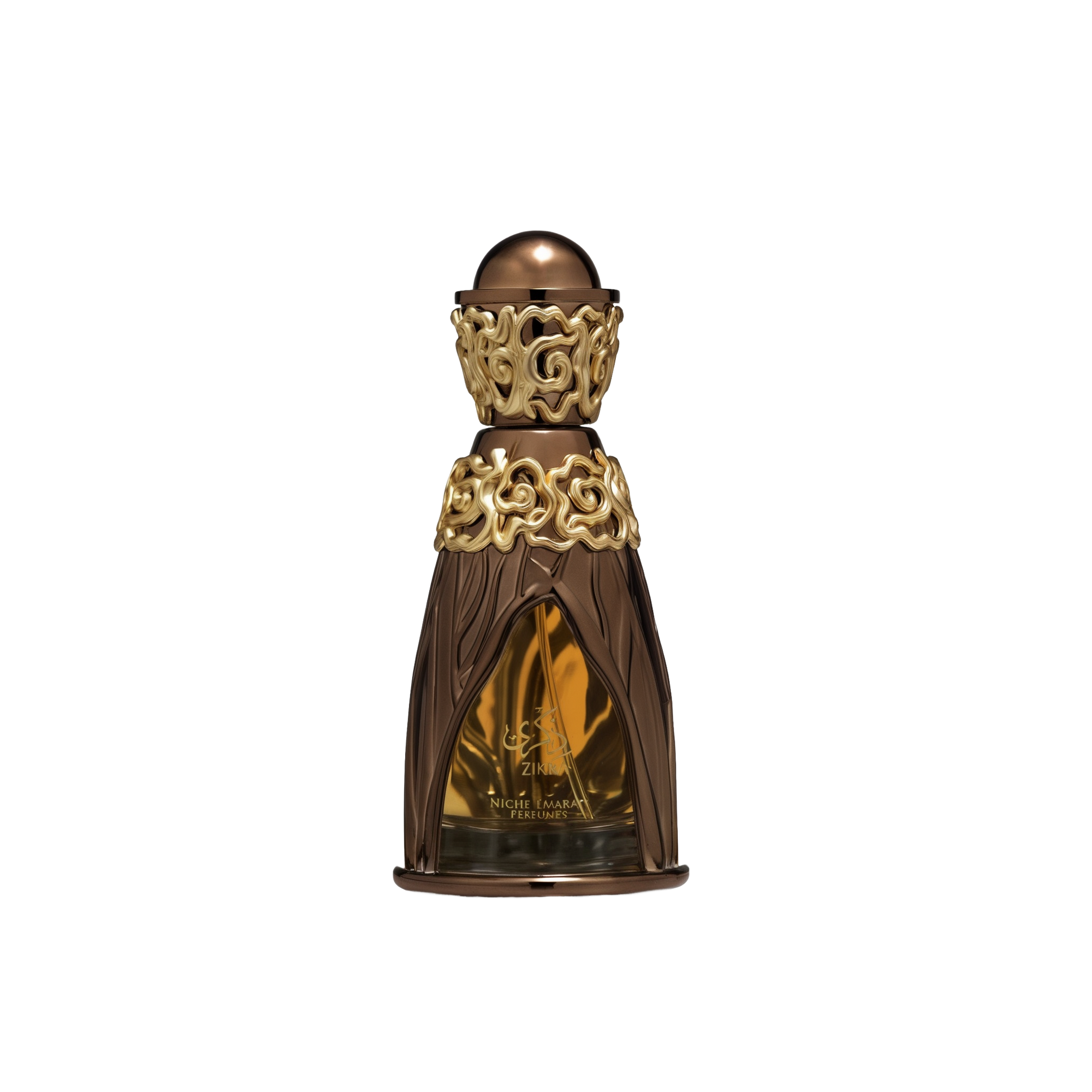 A luxurious perfume bottle for 'Zikra' from the Niche Emarati collection by Lattafa. The bottle has an ornate golden and bronze design, featuring intricate floral patterns at the neck and base. The body of the bottle is translucent, showcasing the amber-c