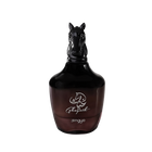The image shows a bottle of "Ghayath" eau de parfum by Zimaya. The perfume bottle is glossy black with a unique, sculpted design resembling a horse's head as the cap. The bottle has a rounded base and tapers slightly toward the top. The front of the bottle features white text in Arabic and English that reads "Ghayath" and "zimaya." 