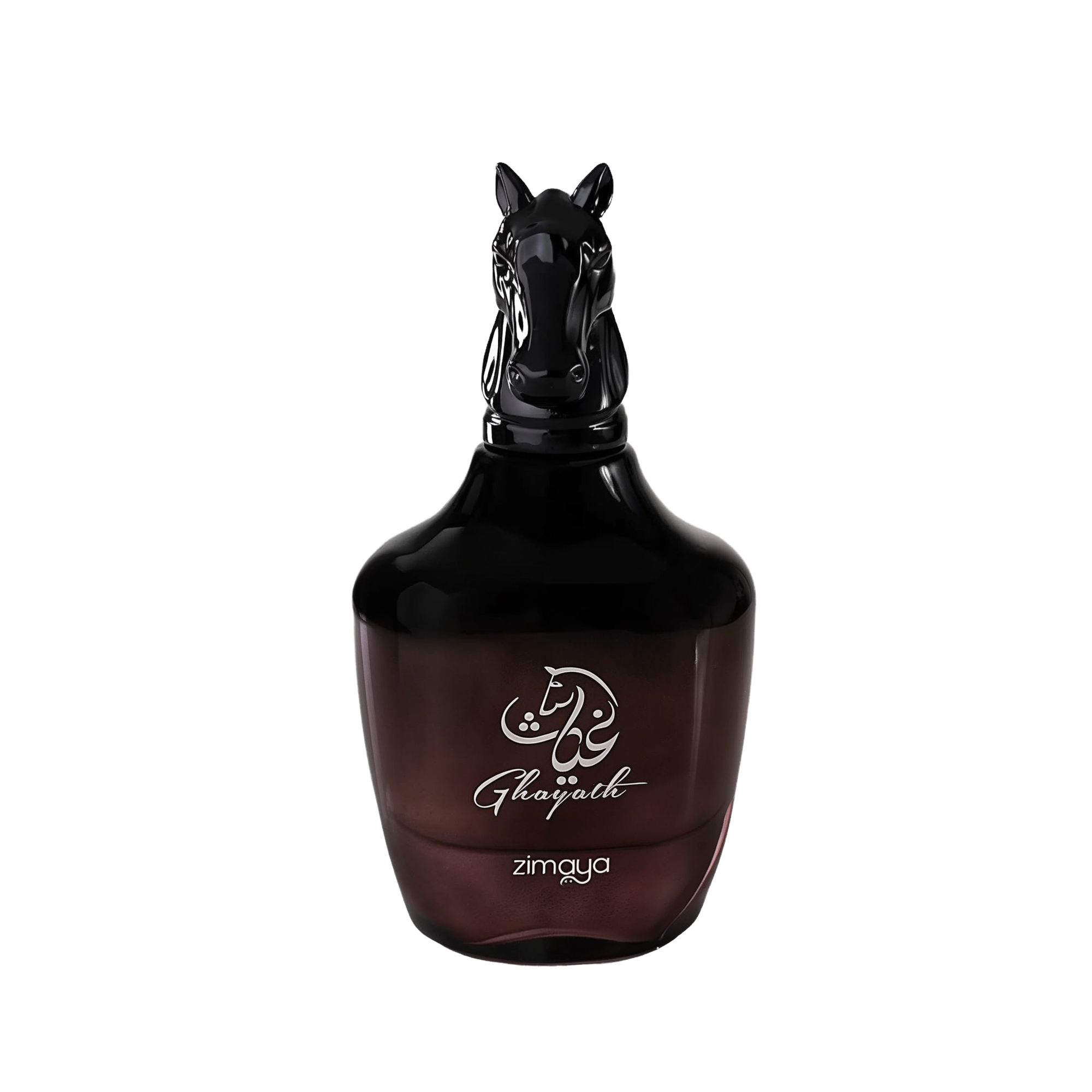The image shows a bottle of "Ghayath" eau de parfum by Zimaya. The perfume bottle is glossy black with a unique, sculpted design resembling a horse's head as the cap. The bottle has a rounded base and tapers slightly toward the top. The front of the bottle features white text in Arabic and English that reads "Ghayath" and "zimaya." 