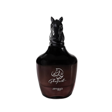 The image shows a bottle of "Ghayath" eau de parfum by Zimaya. The perfume bottle is glossy black with a unique, sculpted design resembling a horse's head as the cap. The bottle has a rounded base and tapers slightly toward the top. The front of the bottle features white text in Arabic and English that reads "Ghayath" and "zimaya." 