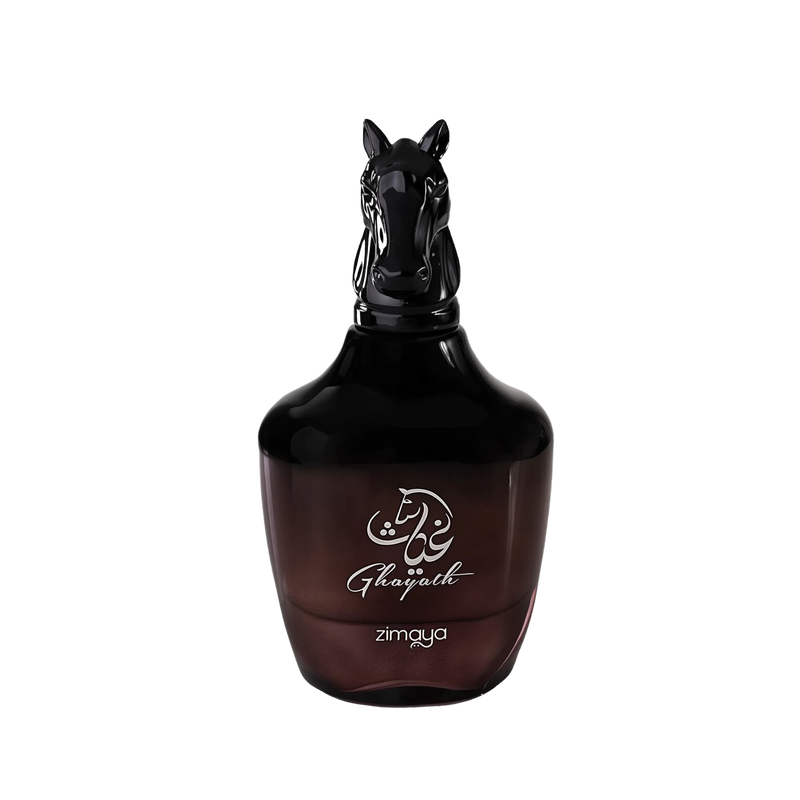 The image shows a bottle of "Ghayath" eau de parfum by Zimaya. The perfume bottle is glossy black with a unique, sculpted design resembling a horse's head as the cap. The bottle has a rounded base and tapers slightly toward the top. The front of the bottle features white text in Arabic and English that reads "Ghayath" and "zimaya." 