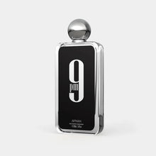Afnan 9PM men’s eau de parfum 100 ml, three-quarter angled view of black bottle with chrome round cap