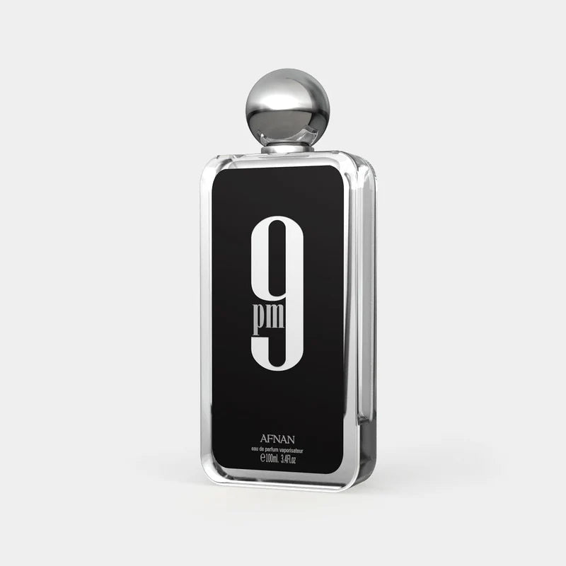 Afnan 9PM men’s eau de parfum 100 ml, three-quarter angled view of black bottle with chrome round cap