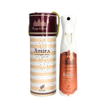 The image displays an air freshener bottle next to its cylindrical container. The container is white with a burgundy top, decorated with gold polka dots, and the words "Heritage Collection" and "Amira" in stylized script. It also features the brand "AFNAN" at the bottom. The air freshener bottle has a white body with a spray nozzle and a metallic copper label that matches the burgundy top of the container, and it bears the same "Heritage Collection" and "Amira" branding.