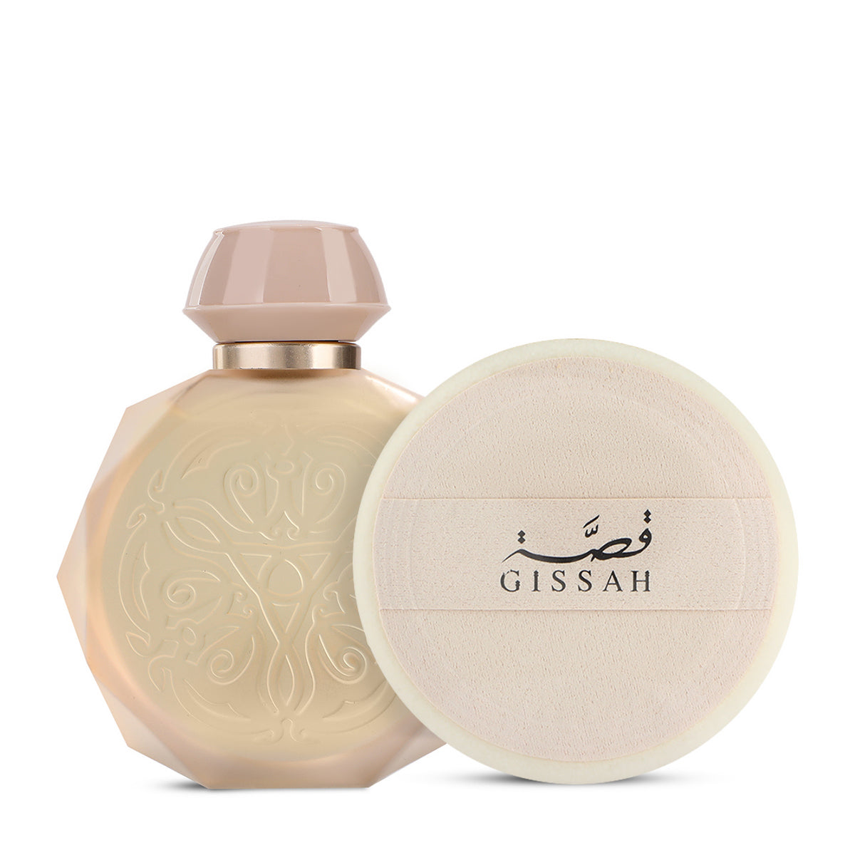 Gissah beige perfume bottle with matching cap beside round cream lid with logo on white background.