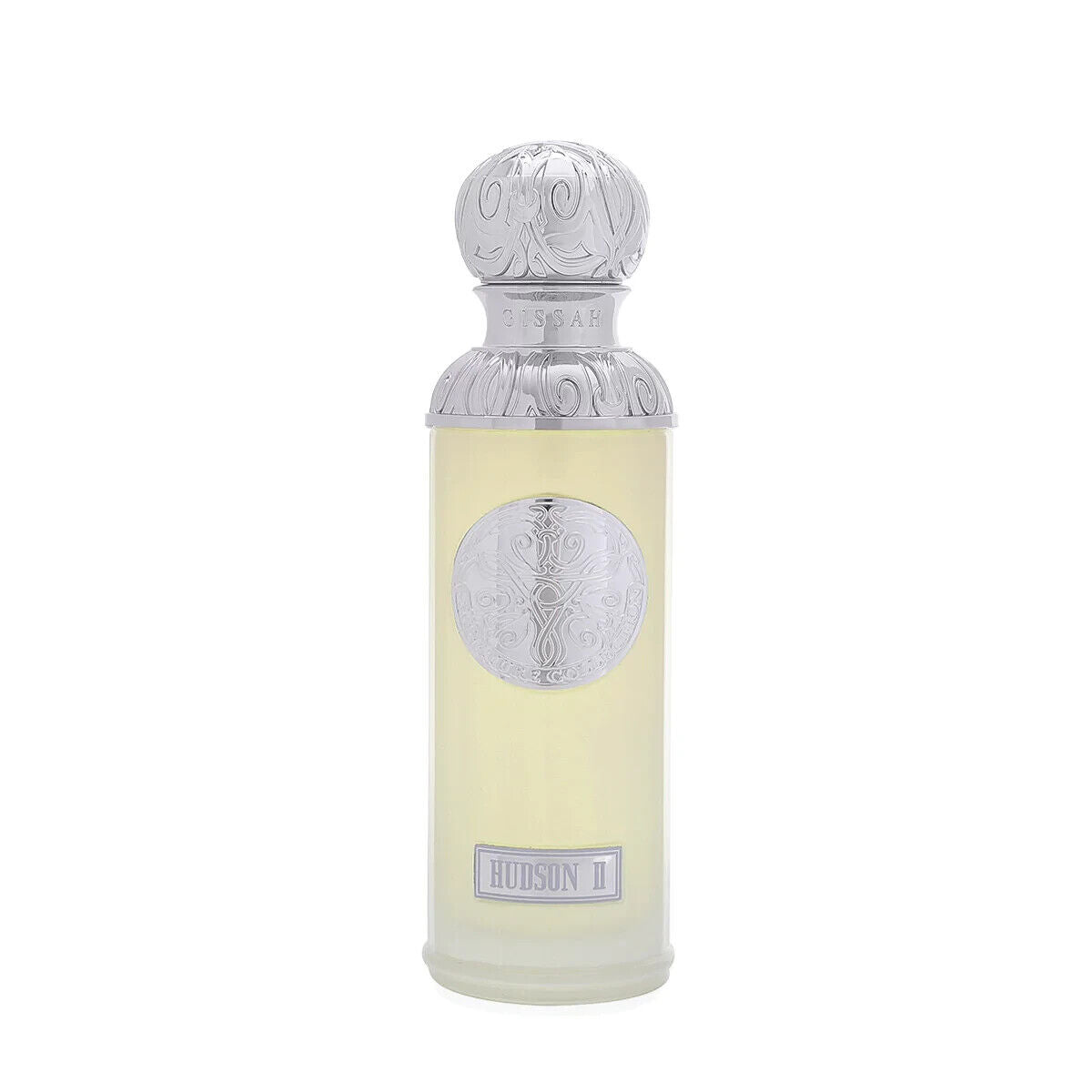 he image features a perfume bottle named "Hudson II" from the Gissah collection. The bottle is a light, almost translucent yellow with a tall cylindrical shape. It has a detailed silver cap and a silver medallion on the body, both featuring intricate embossed designs. The name "Gissah" is inscribed on the neck of the bottle, and "HUDSON II" is displayed on a plaque at the bottom.