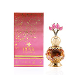 This image features the Pink Musk perfume by Khadlaj, presented alongside its packaging. The perfume bottle is ornate, with a golden base and details, and a round, amber-colored body adorned with pink and purple crystals forming floral patterns. The cap is a golden tulip-shaped design with three pink petal-like crystals. To the left is the perfume's box, which is pink with gold floral and vine patterns, and the name "PINK MUSK" printed in the center, along with "KHADIJA" in smaller text below.