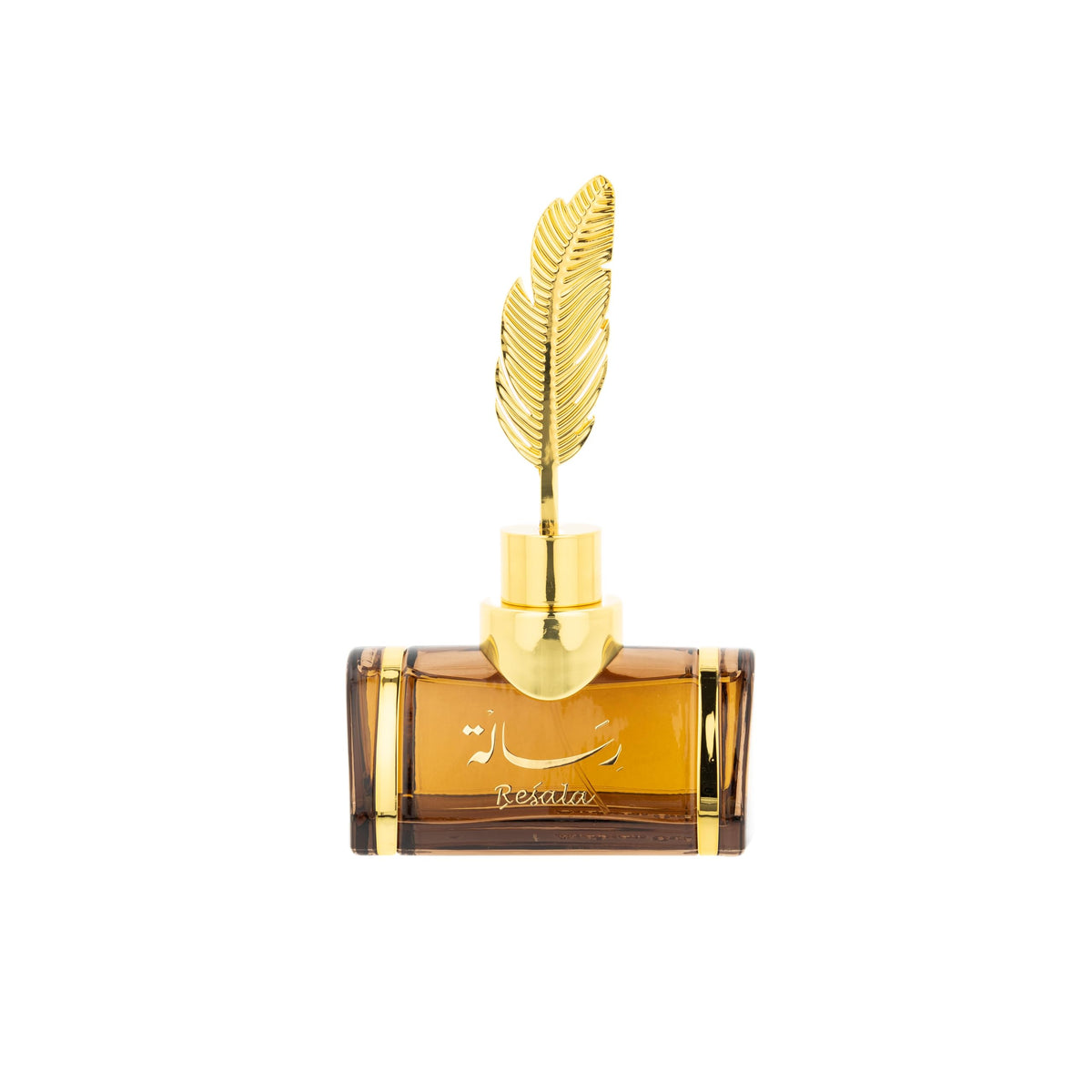The image features an elegant, transparent amber-colored perfume bottle with a distinctive golden feather as its cap. The bottle has a robust, rectangular shape with rounded shoulders, and a gold neck that supports the feather-shaped cap, adding a luxurious touch to the design. On the front of the bottle, there is script text which appears to be a brand or perfume name, possibly in Arabic, and the word "Resala" in a stylized font.